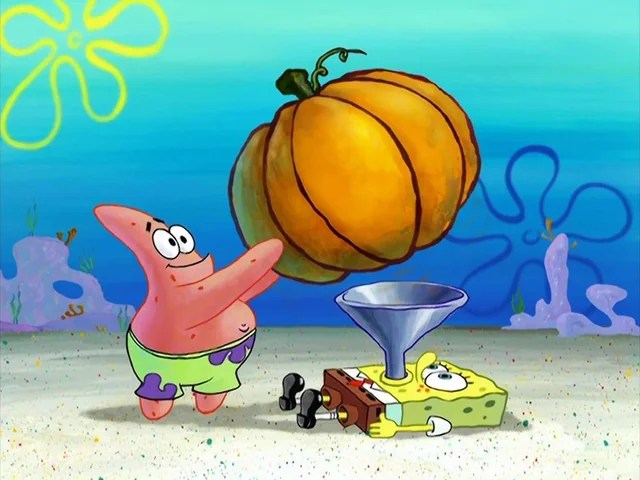 Patrick Star holds a giant pumpkin above Spongebob with a funnel in his mouth.