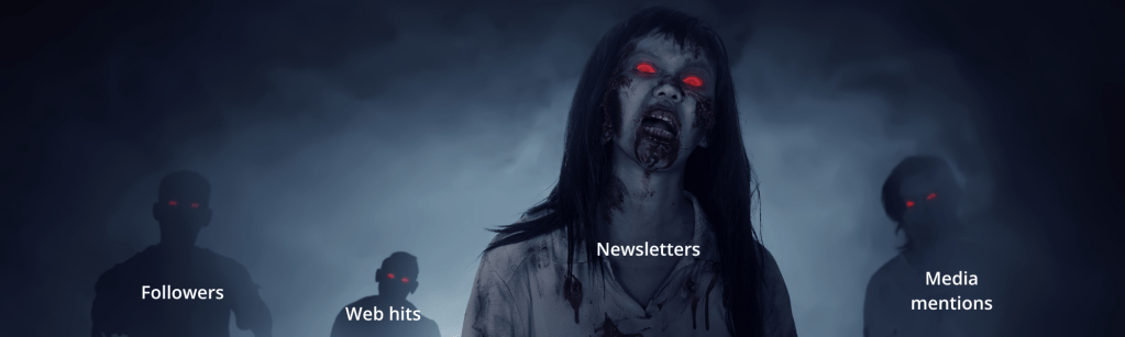 Zombies representing media mentions, web hits, newsletters and followers.